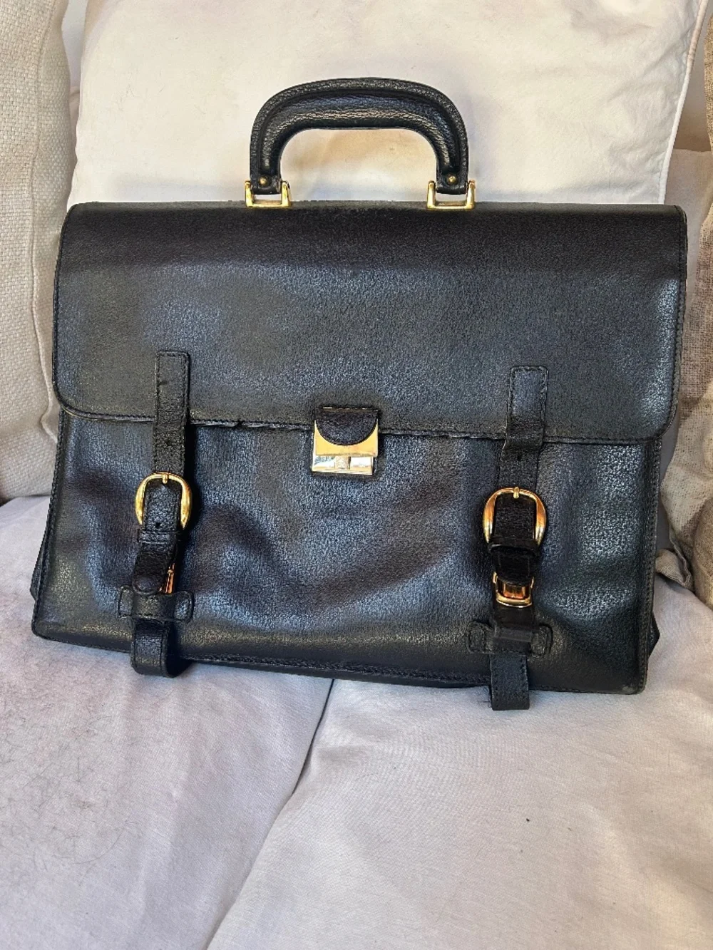 Gucci black all weather leather top handle gold briefcase bag vintage ITALY 17x1